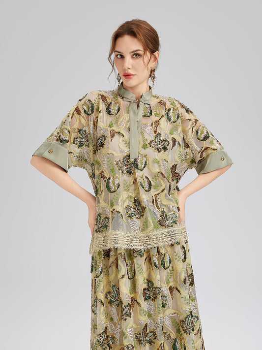 Pullu Dantelli Yarım Balıkçı Bluz