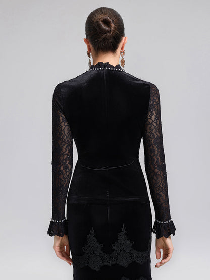 El İşlemeli Pullu Dantel ve Kadife Bluz