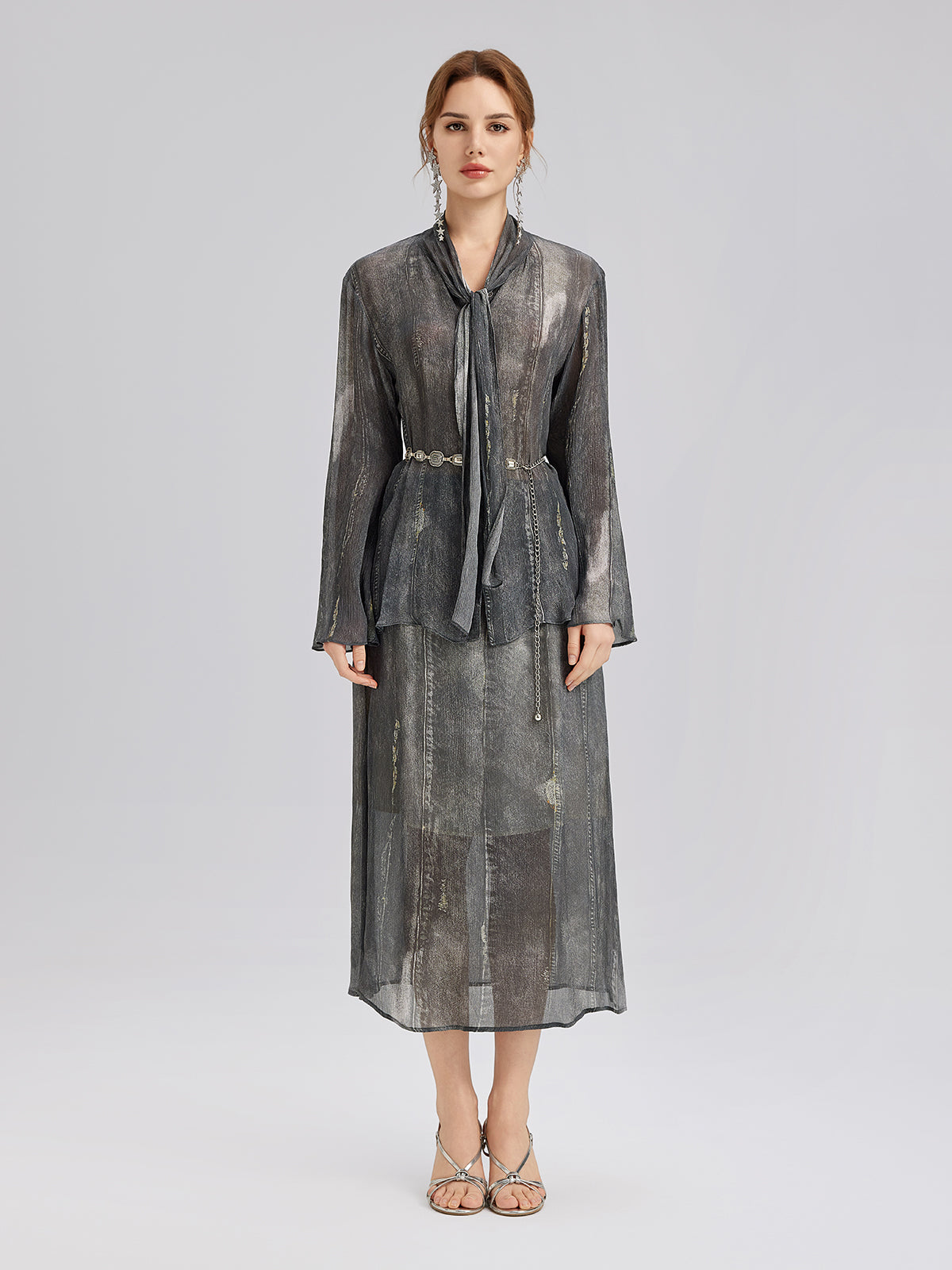 Kot Görünümlü Yıkamalı Bağlamalı Bluz