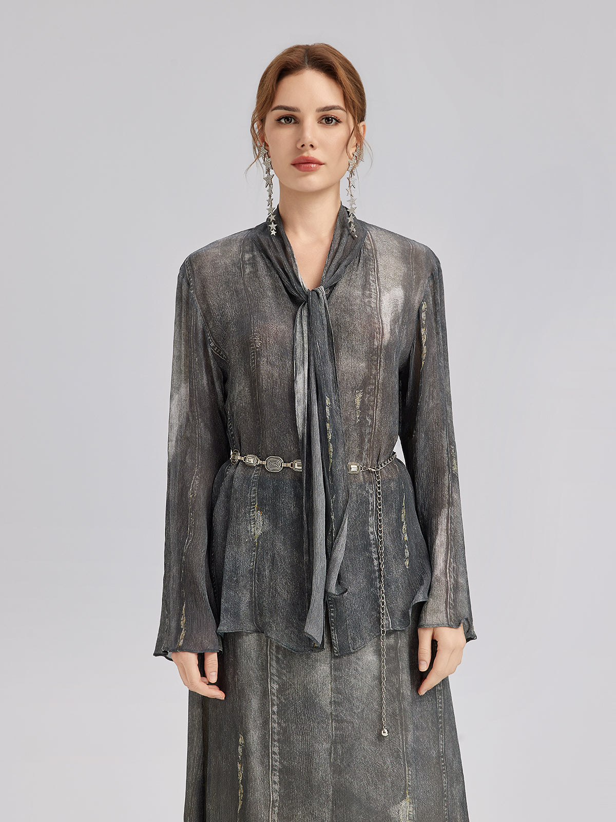 Kot Görünümlü Yıkamalı Bağlamalı Bluz