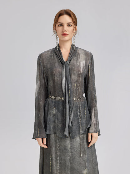 Kot Görünümlü Yıkamalı Bağlamalı Bluz