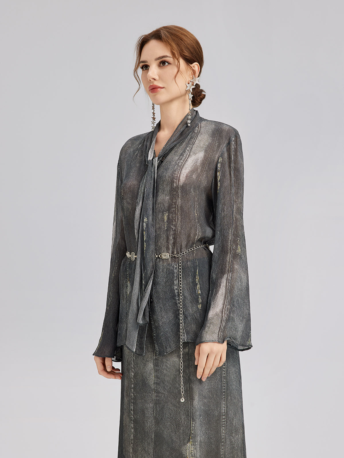 Kot Görünümlü Yıkamalı Bağlamalı Bluz