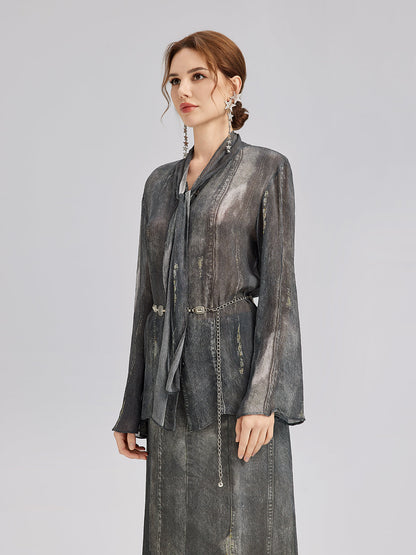 Kot Görünümlü Yıkamalı Bağlamalı Bluz