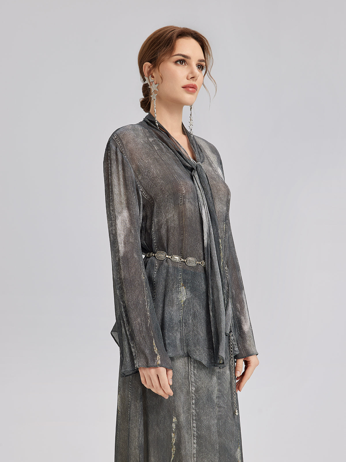 Kot Görünümlü Yıkamalı Bağlamalı Bluz