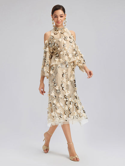 Pullu Çiçek Nakışlı Omuz Dekolteli Bluz