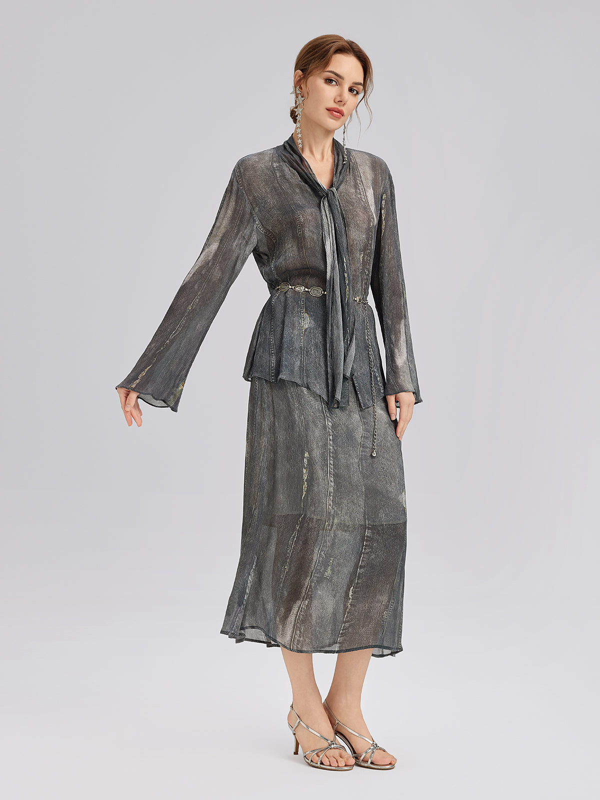 Kot Görünümlü Yıkamalı Bağlamalı Bluz