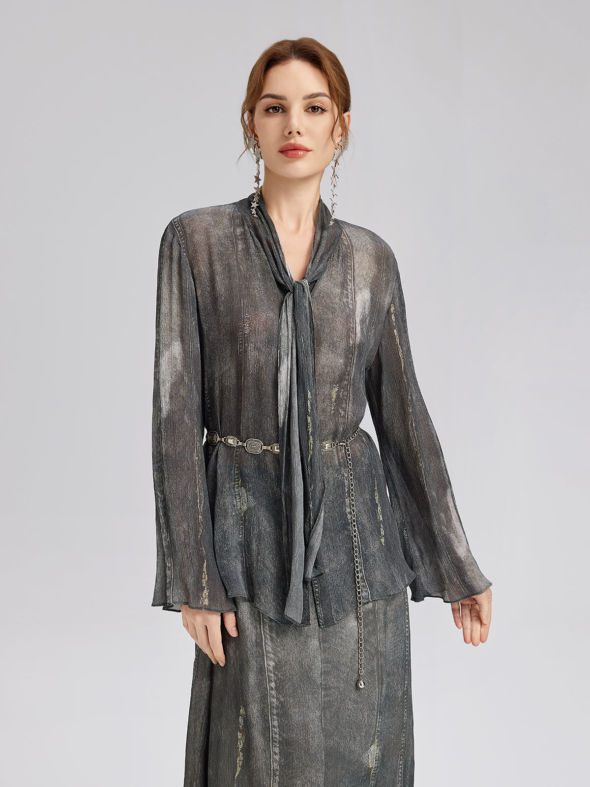 Kot Görünümlü Yıkamalı Bağlamalı Bluz