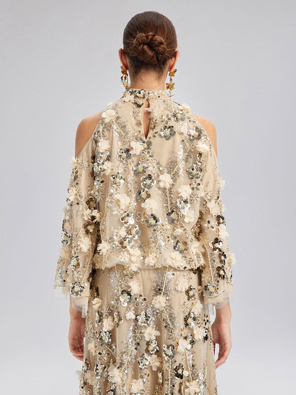 Pullu Çiçek Nakışlı Omuz Dekolteli Bluz