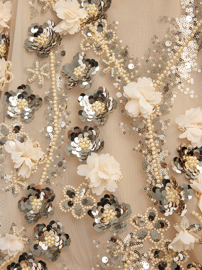 Pullu Çiçek Nakışlı Omuz Dekolteli Bluz