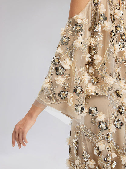 Pullu Çiçek Nakışlı Omuz Dekolteli Bluz