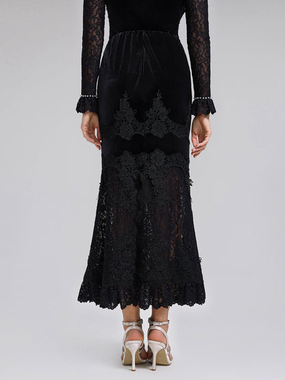 Pullu Dantelli Kadife Parçalı Balık Etek