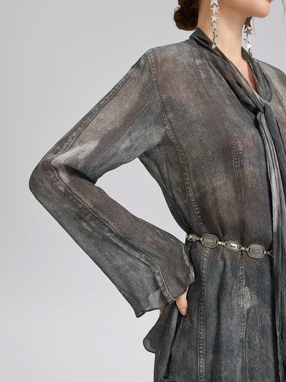 Kot Görünümlü Yıkamalı Bağlamalı Bluz