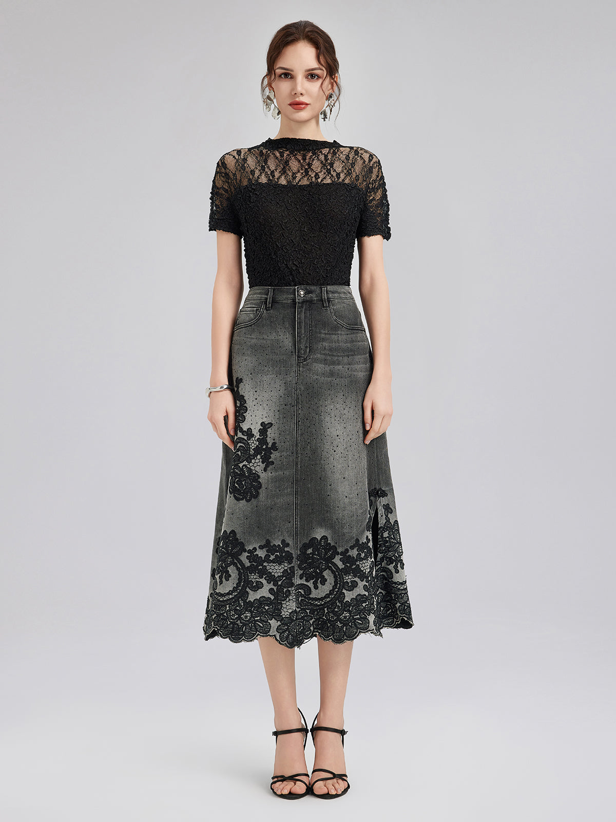 Yeni Nakışlı Taşlı Kot Etek