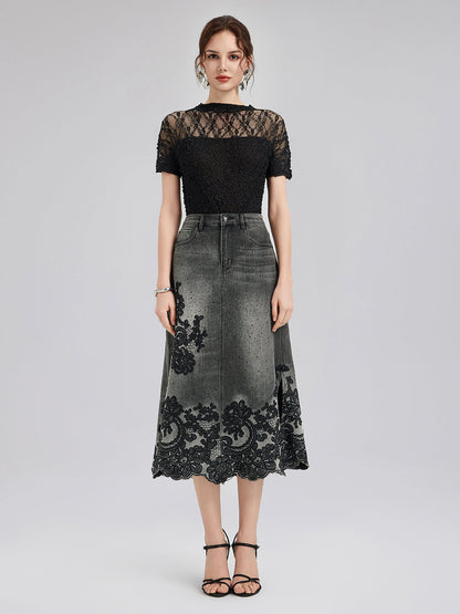 Yeni Nakışlı Taşlı Kot Etek