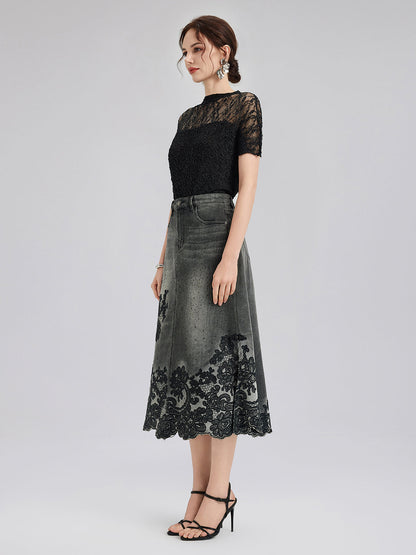 Yeni Nakışlı Taşlı Kot Etek