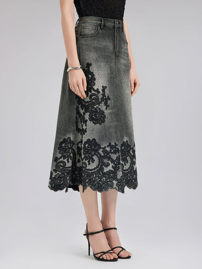 Yeni Nakışlı Taşlı Kot Etek