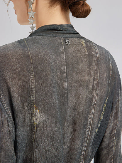 Kot Görünümlü Yıkamalı Bağlamalı Bluz