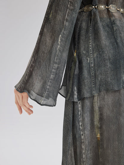 Kot Görünümlü Yıkamalı Bağlamalı Bluz