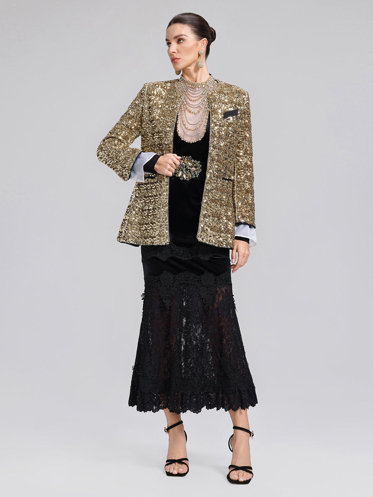 Pullu Dantelli Kadife Parçalı Balık Etek