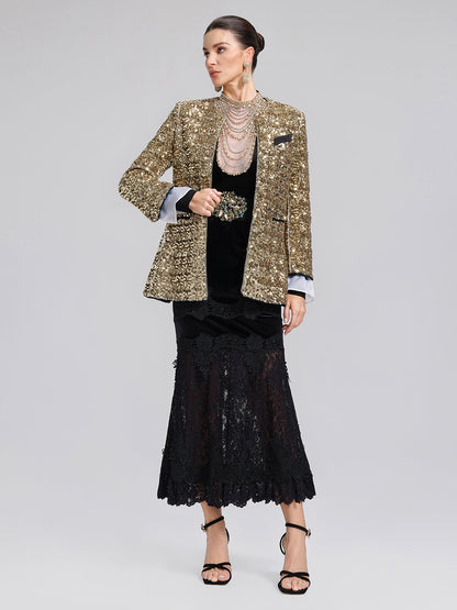 Pullu Dantelli Kadife Parçalı Balık Etek