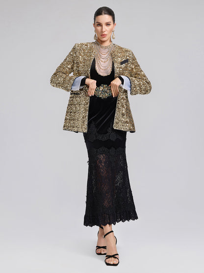 Pullu Dantelli Kadife Parçalı Balık Etek