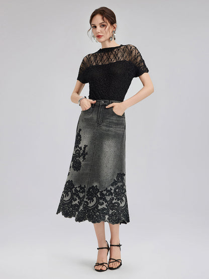 Yeni Nakışlı Taşlı Kot Etek