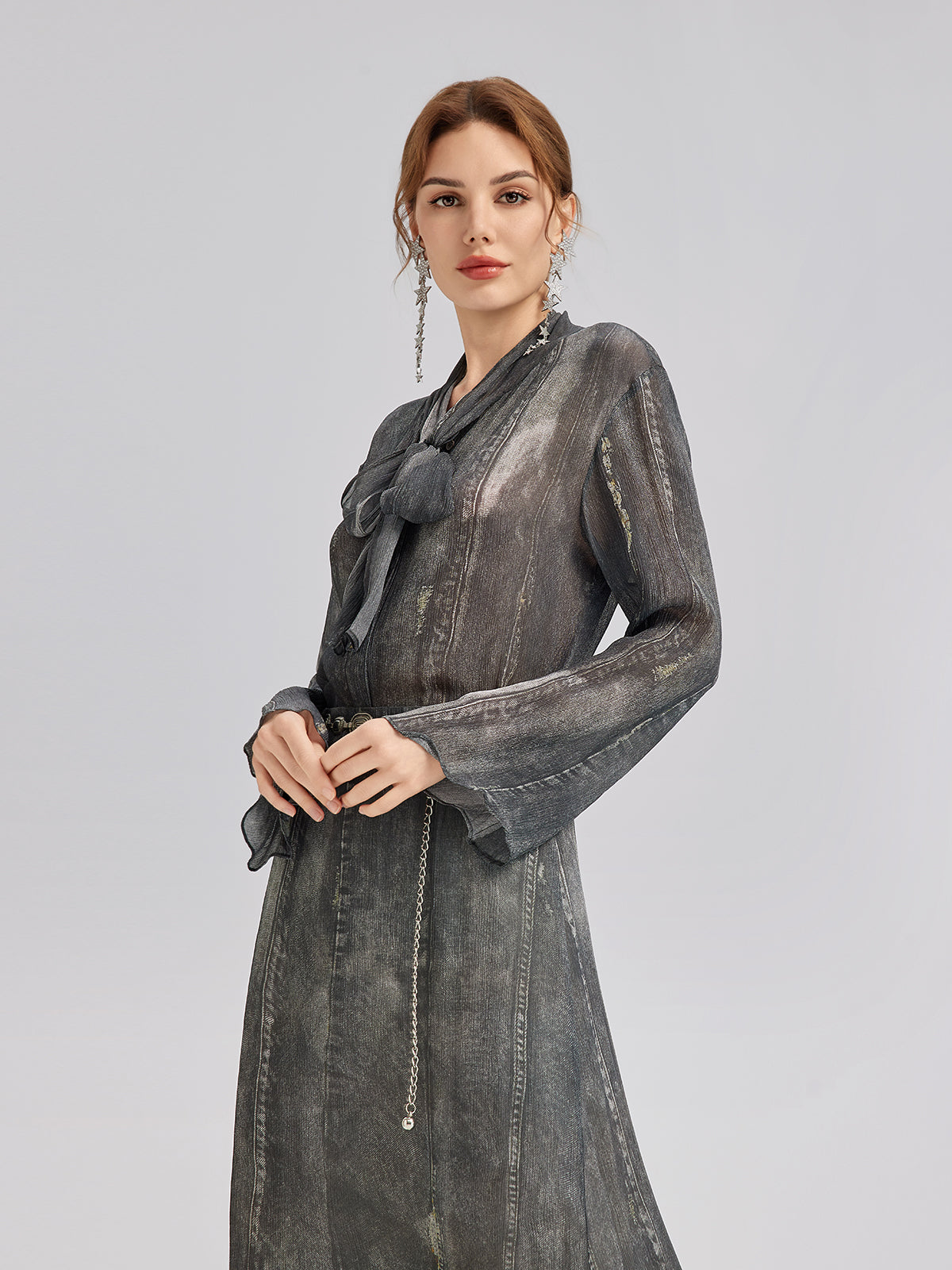 Kot Görünümlü Yıkamalı Bağlamalı Bluz