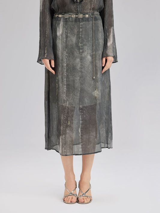 Yıkamalı Kot Görünümlü Midi Etek