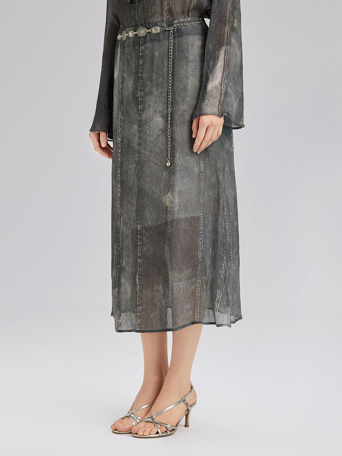 Yıkamalı Kot Görünümlü Midi Etek