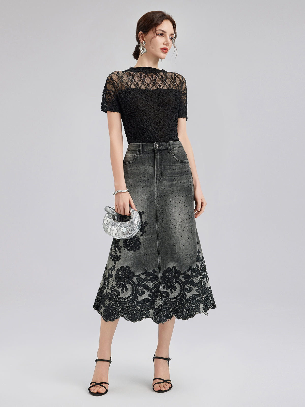 Yeni Nakışlı Taşlı Kot Etek