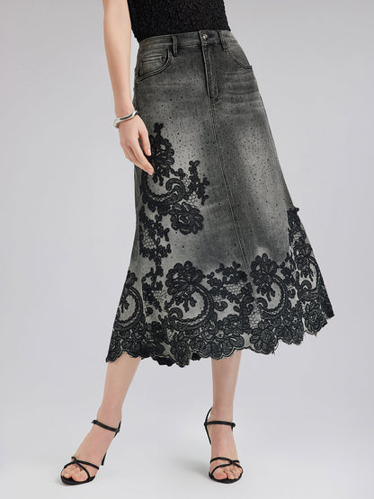 Yeni Nakışlı Taşlı Kot Etek