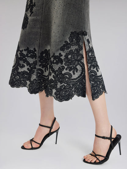 Yeni Nakışlı Taşlı Kot Etek