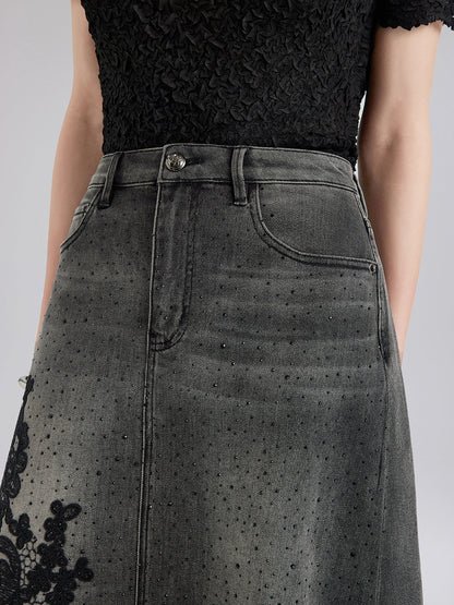 Yeni Nakışlı Taşlı Kot Etek