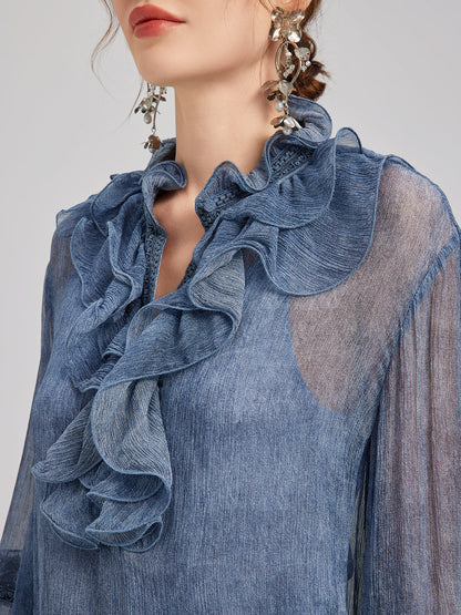 İpek Dantelli Fırfır Kenarlı Bluz (%100 İpek)