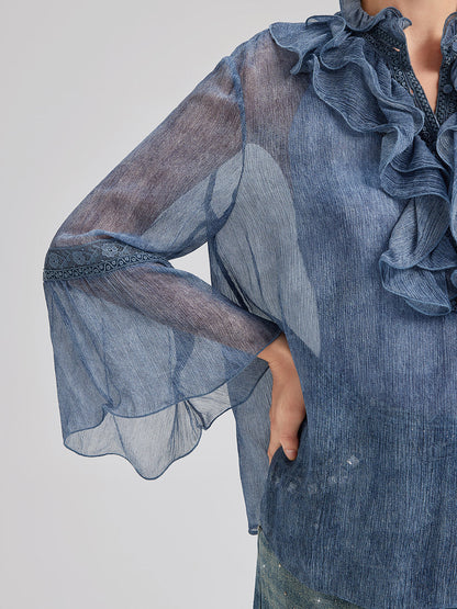 İpek Dantelli Fırfır Kenarlı Bluz (%100 İpek)