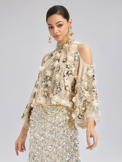 Pullu Çiçek Nakışlı Omuz Dekolteli Bluz