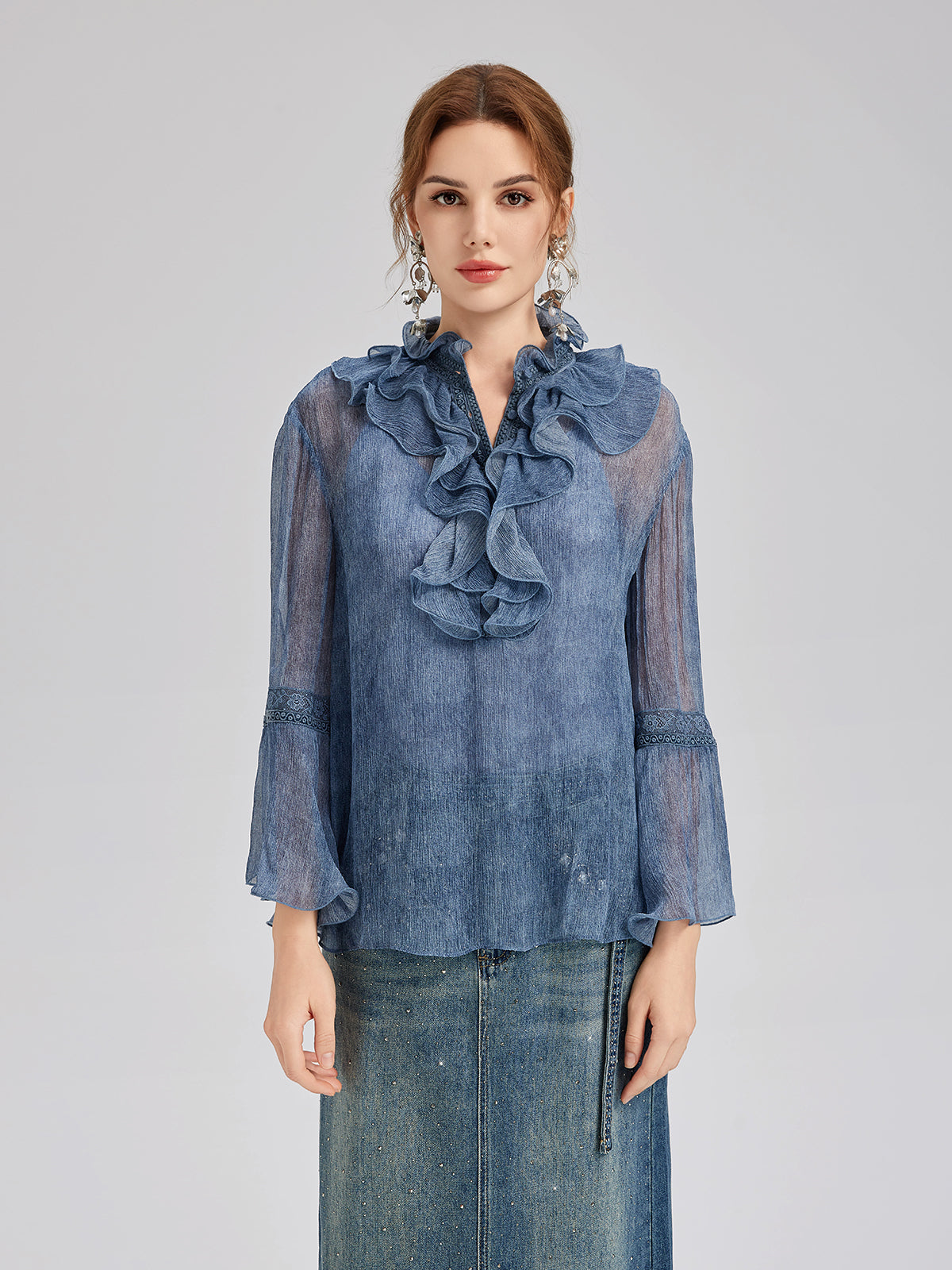 İpek Dantelli Fırfır Kenarlı Bluz (%100 İpek)