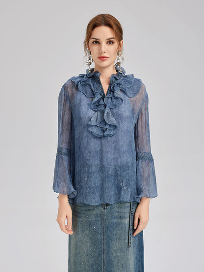 İpek Dantelli Fırfır Kenarlı Bluz (%100 İpek)