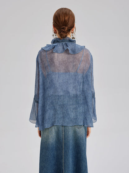 İpek Dantelli Fırfır Kenarlı Bluz (%100 İpek)