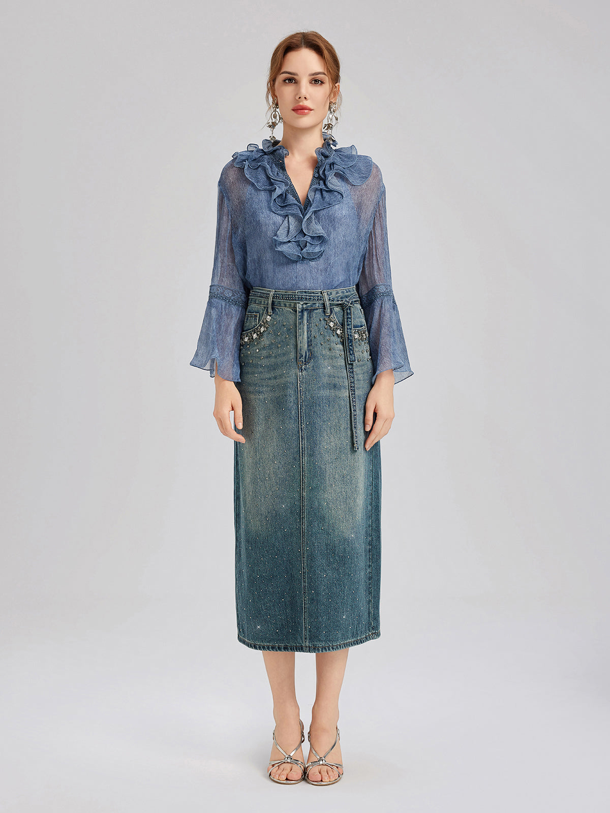 El İşlemeli Belden Taşlı Kot Etek