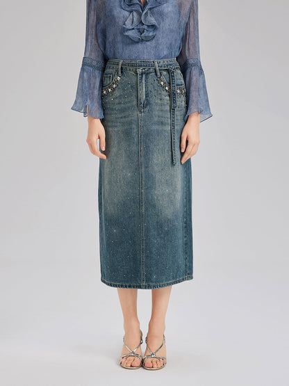 El İşlemeli Belden Taşlı Kot Etek