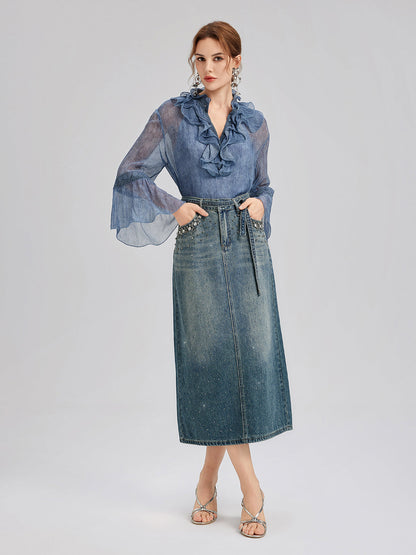 İpek Dantelli Fırfır Kenarlı Bluz (%100 İpek)