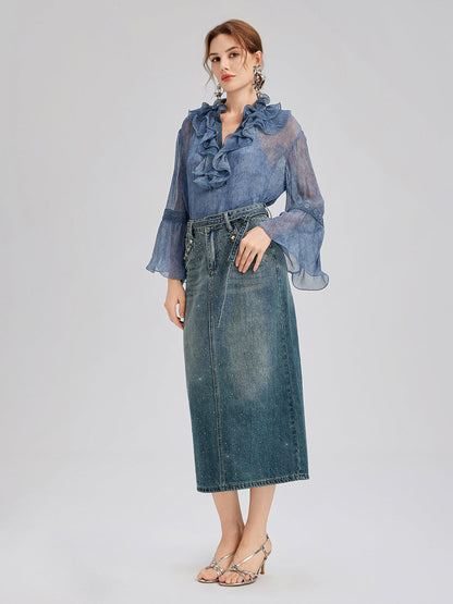 İpek Dantelli Fırfır Kenarlı Bluz (%100 İpek)