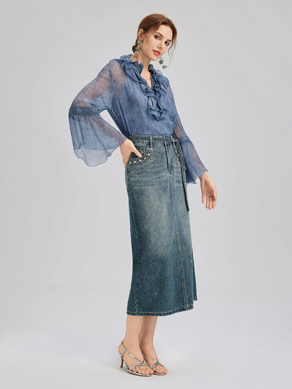 İpek Dantelli Fırfır Kenarlı Bluz (%100 İpek)