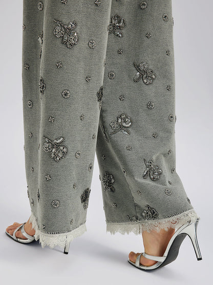 Parça Boyama Boncuklu Dantel Kenarlı Pantolon