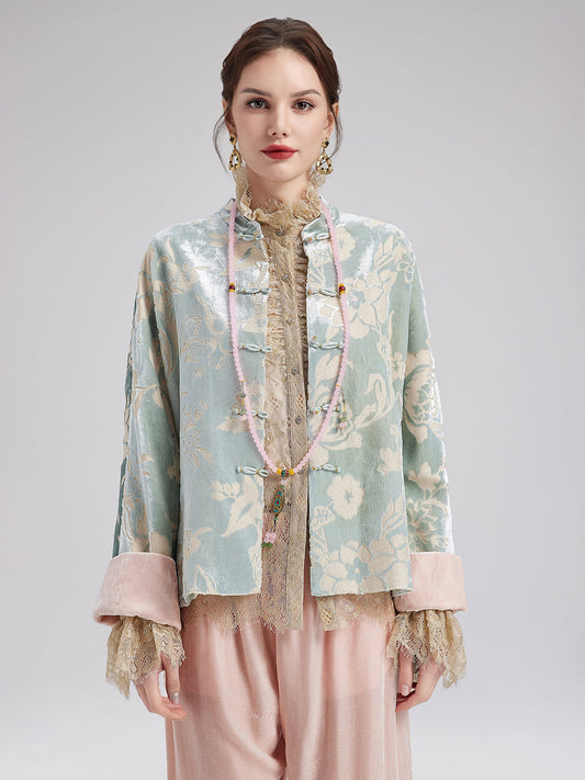 Modern Etnik Kadife Çiçekli Ceket