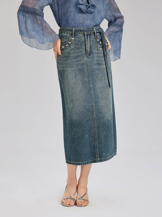 El İşlemeli Belden Taşlı Kot Etek