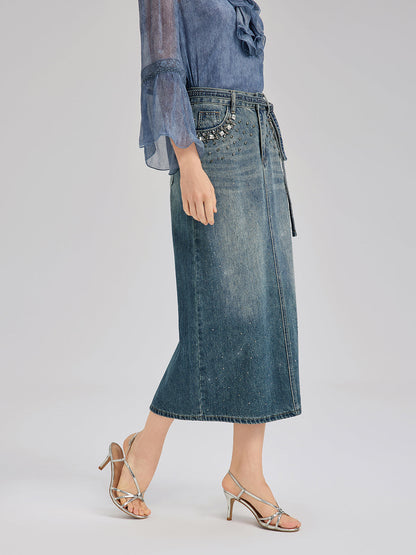 El İşlemeli Belden Taşlı Kot Etek