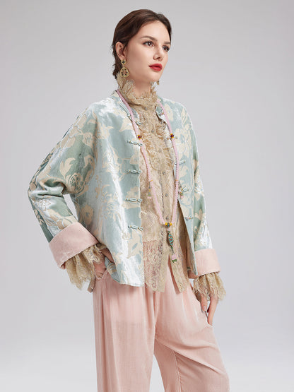 Modern Etnik Kadife Çiçekli Ceket