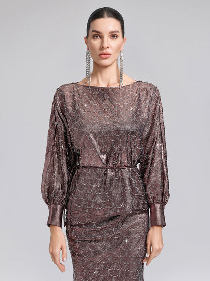 Omzu Açık Taşlı Bluz